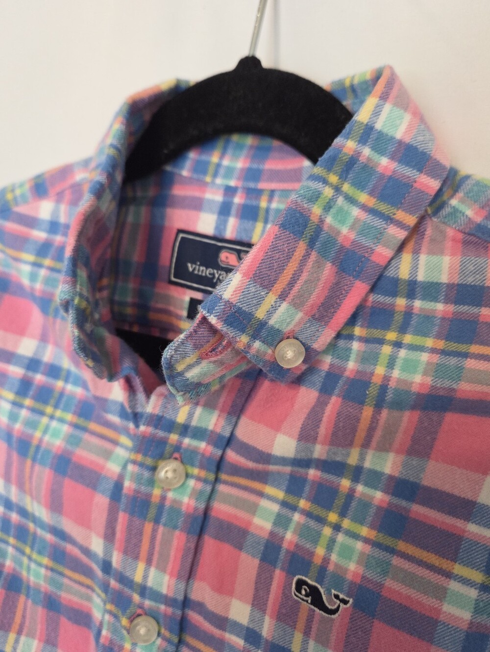 Vineyard Vines Pink, Blue & Green Plaid Flannel Button-Up Shirt Boys Whale Shirt - Picture 5 of 9